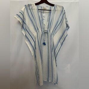 NWT LOFT Beach Blue Striped Tassel Kaftan Swim Coverup M/L
